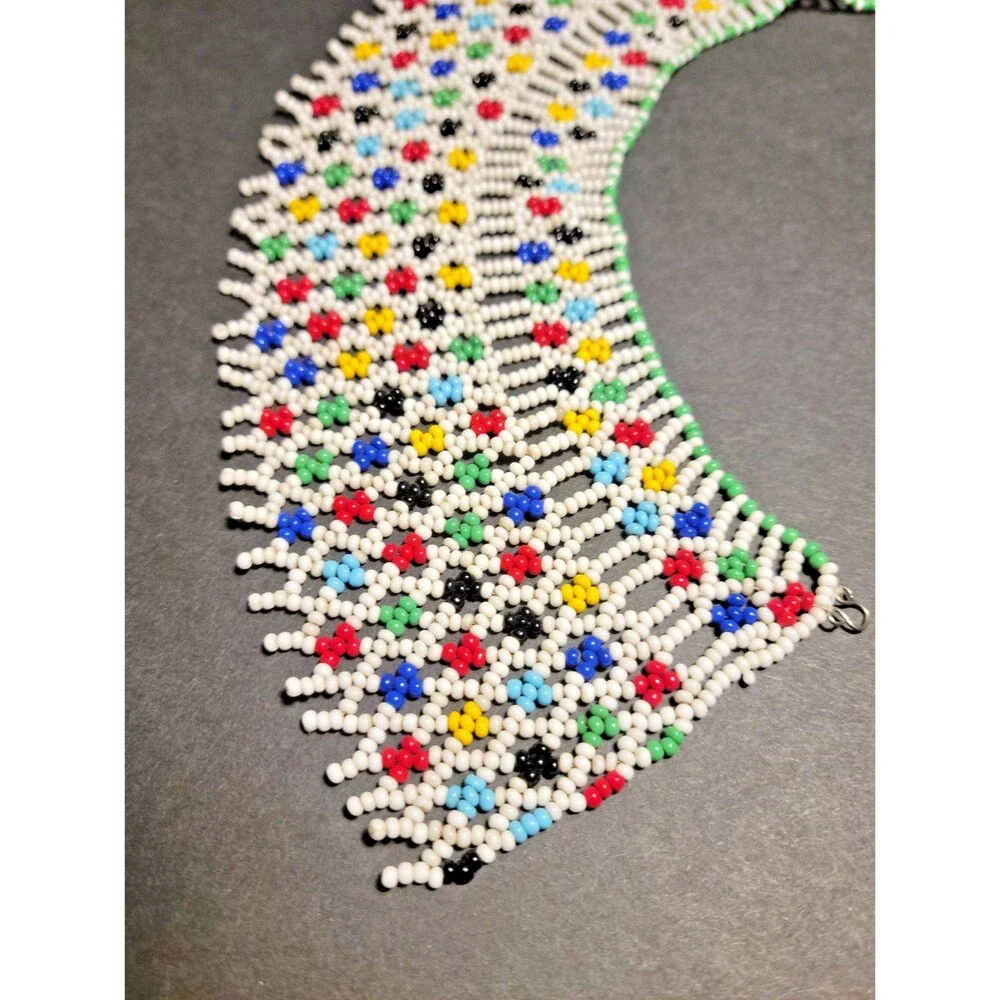 Vintage Artisan Netted Seed Bead Collar Necklace Bib Ukrainian Style Colorful 12